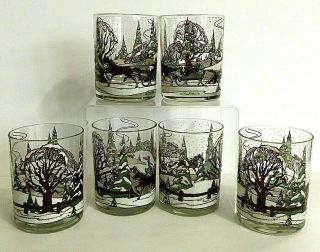 Vintage Culver Winter Sleigh Ride Double Old Fashioned Glasses Set Of 6
