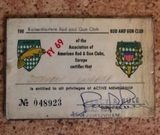 Vintage 1969 American Rod And Gun Club Of Europe Membership Card Fishing Hunting