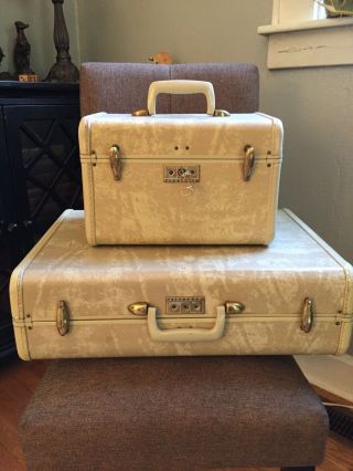 Vintage Samsonite Streamlite Marbled Cream Luggage Suitcase And Travel Case