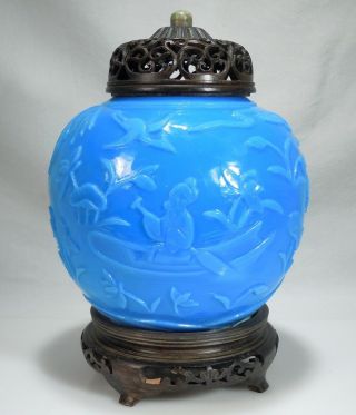 Chinese Turquoise Blue Peking Glass Jar With Carved Wood Lid Finial 54221