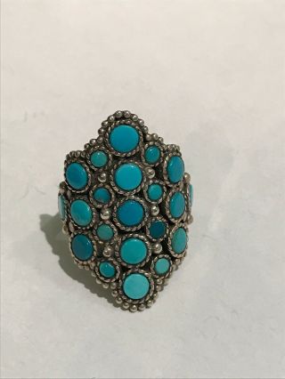 Stunning Vintage Large Ornate Sterling Silver 2 Tone Turquoise Ring - Size Q 1/2