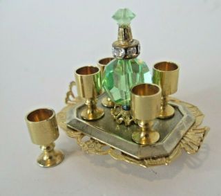 Dollhouse Miniatures Chrysnbon Decanter Set Gold Goblets Tray Vtg Judy Berman