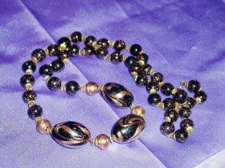 Vintage Black Glass And Gold Dust Inside Beads,  Beaded Necklace,  22 " Long