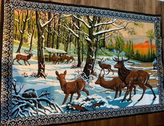 Vintage Deer Woods Scene Tapestry Wall Rug Made In Turkey 56” X 38”