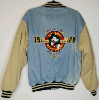 Vintage Disney Store Mickey Mouse Denim Varsity Bomber Jacket 1928 Embroidered