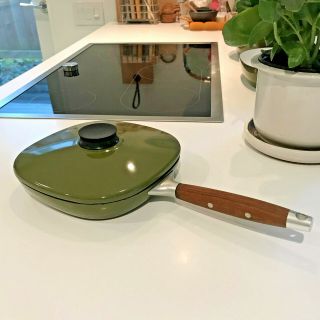 Vintage Mcm Cathrineholm Holland Green Frying Pan W Lid Wood Handle 8.  25 "