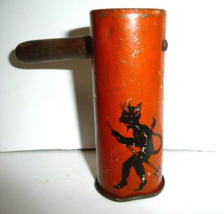Early Vintage Halloween Tin Noisemaker With Wooden Handle Devil And Witch Japan