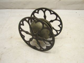 Antique Cast Iron Ornate Heart Poked Wheel Bell Pull Toy