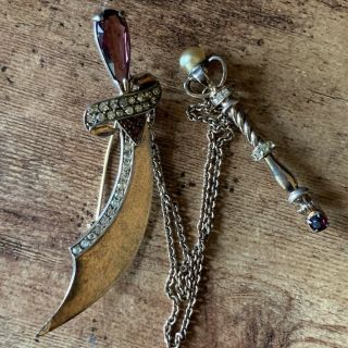 Vintage Sterling Silver Sword & Scepter Chatelaine Brooch,  Amethyst Pearl