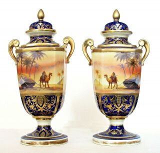 Lg Pair Antique Noritake Porcelain Mirrored Vases,  Desert Scene,  Raised Gilding