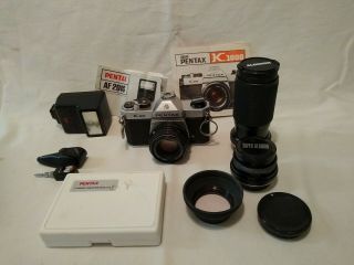 Vintage Asahi Pentax K1000 Se 35mm Film Camera With 3 Lens & Accessories