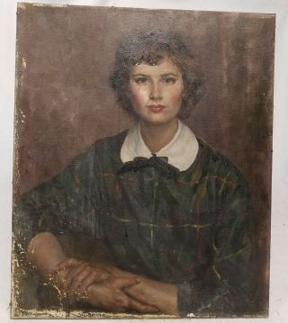 Antique Vintage Oil Painting On Canvas Portrait Young Woman Unsigned 20th Cent