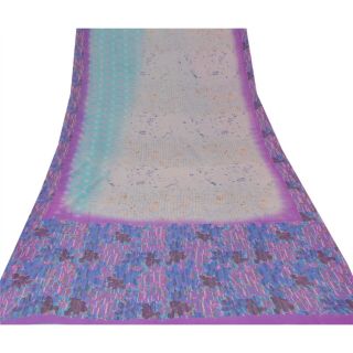 Sanskriti Vintage Purple Saree Pure Georgette Silk Printed 5Yd Sari Craft Fabric 3