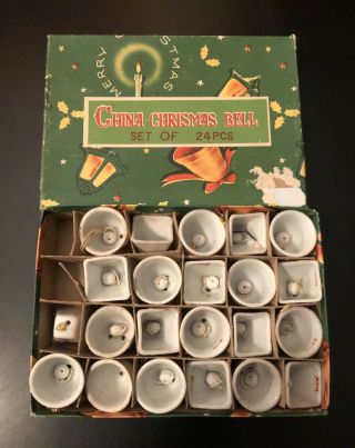 Vintage Set Of 22 Porcelain Bells Christmas Ornaments W/box Japan Feather Tree