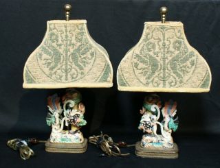 Pair 19th C Chinese Shiwan Polychrome Glazed Pottery Dragon & Cock Figure Lamps