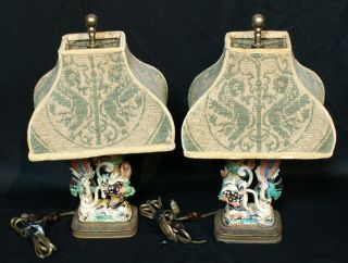 Pair 19th C Chinese Shiwan Polychrome Glazed Pottery Dragon & Cock Figure Lamps 2