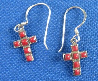 Vintage Sterling Silver Red Carnelian Cross Dangle Earrings