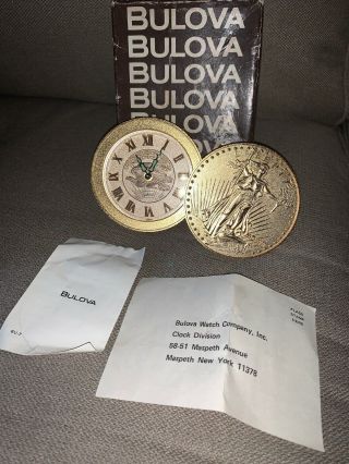 Vintage Bulova Travel Desk Alarm Clock Gold $20 Coins Lady Liberty 1907 Euc