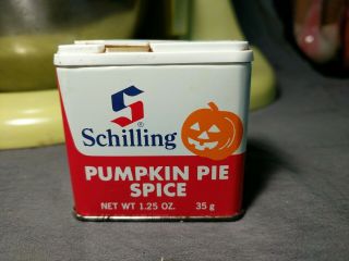 Vintage 1974 Schilling Pumpkin Pie Spice Tin Jack - O - Lantern With Contents