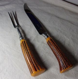 Vintage Englishtown Cutlery England Carving Set Bakelite Stag Handle Knife Fork