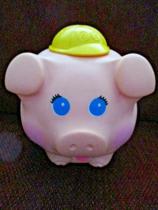 Vintage Fisher Price " Piggy Bank " From 1980 - Pink With Blue Eyes & Yellow Hat