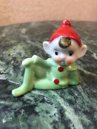 Vintage Japan Green Pixie Elf Ceramic Figurine Christmas Decor Very Cute