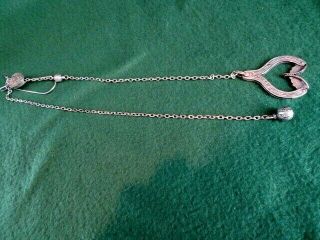 Antique 19th C.  Heart Skirt Lifter Engraved W Slide Chain,  Clip Chatelaine 26 "