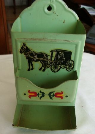 Vintage Green Wall Mount Tin Match Safe Box Holder Flowers & Amish Buggy