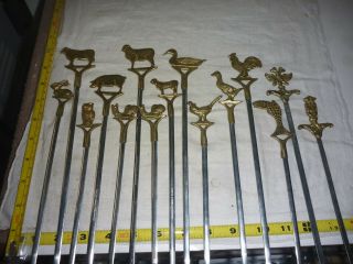 Vtg Set 15 Shish Kabob Skewers - Brass & Stainless Steel/inox - Turkey - Animals