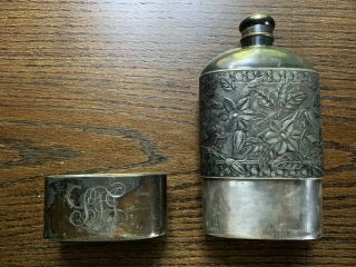 Aesthetic Movement Victorian Rogers Silver Plate Whiskey Flask & Cup 1880s