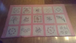 Large Vtg Pink White Birthday Cutter Quilt 66 " X 80 " For Crafts,  Remnant,  Sewing