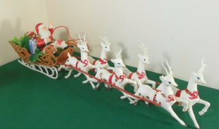 Vtg Plastic Santa Claus Reindeer In Sleigh Large 18 " - Christmas Decoration