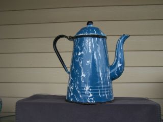 Blue & White Swirl Graniteware Enamel Coffee Pot Antique