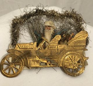 Antique German Gold Dresden Santa In Car W/ Toys Christmas Ornament,  Date C.  1910