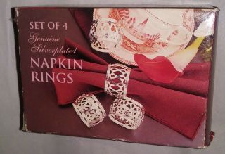 Vintage Set Of 4 Silver Plated Napkin Rings,  Still In Plastic,  Open Box