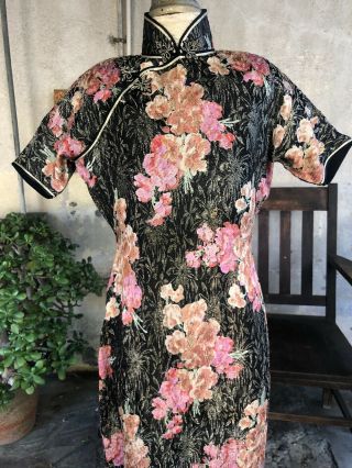 Antique 1930s Pink & Black Lamé Silk Cheongsam Qipao Dress Floral 1940s Vintage 2