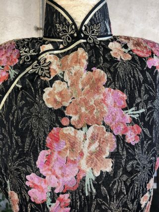 Antique 1930s Pink & Black Lamé Silk Cheongsam Qipao Dress Floral 1940s Vintage 3