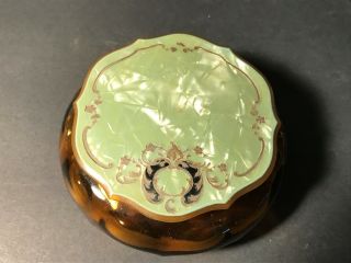 Vtg Antique Amber Glass Round Jewelry Trinket Box W/bakelite Cover Green Mop E9