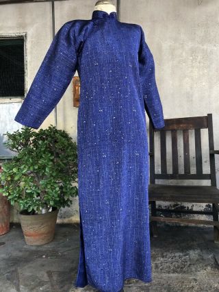 Antique 1930s Blue Silk Cheongsam Qipao Art Deco Dress Speckle Brocade Vintage