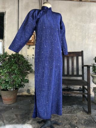Antique 1930s Blue Silk Cheongsam Qipao Art Deco Dress Speckle Brocade Vintage 3