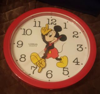 Disney Walking Mickey Mouse Wall Clock Lorus Quartz Japan 10.  5 " Red Vintage