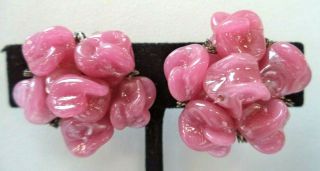 Stunning Vintage Estate Signed Italy Glass Bead Flower 1 " Clip Earrings 2599l