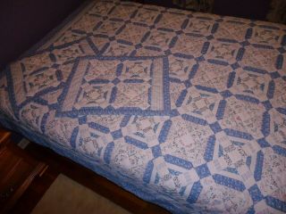 Vintage Hand Stitched X Pattern Patchwork Style Quilt W/ Shams 84x92 Blue Floral