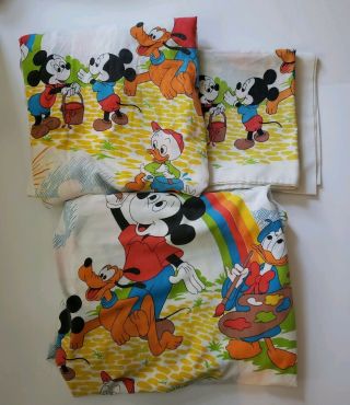 Vintage Walt Disney Mickey Mouse Donald Duck Rainbow Twin Sheet Set Complete