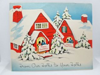 Vintage Christmas Greeting Card Merry Happy Year Folks Trees Red Houses