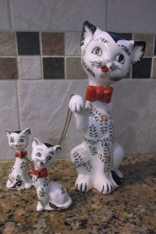 Vintage Ceramic Big Mama Cat With 2 Kittens On Chains Lipper And Mann Sticker
