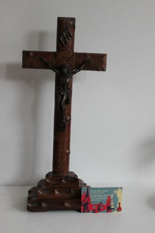 Antique Pedestral Cross Crucifix France French Metal And Wood Xixth 19th 16 "