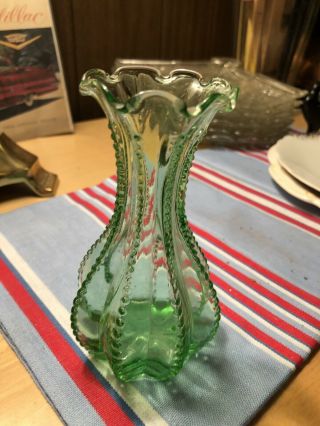 Vintage Green Glass Bud Vase Beaded Edge Short Brown