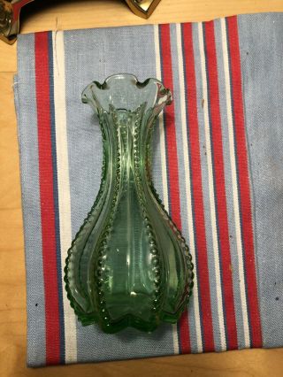 Vintage Green Glass Bud Vase Beaded Edge Short Brown 2