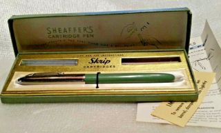Vintage Sheaffer Cartridge Fountain Pen,  Box & Instruction,  Olive Green